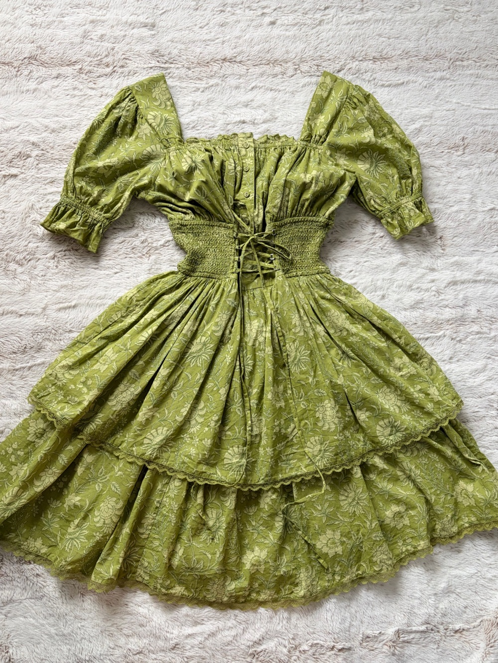 Ivy City Co Green Floral Corset Midi Dress Fairycore Cottagecore Milkmaid Cotton
